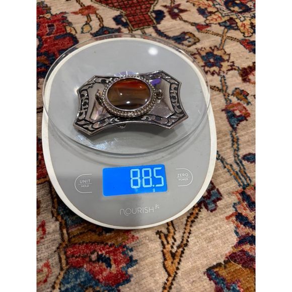 Vintage Western Banded Agate Belt Buckle Silver Tone Engraved Statement - Picture 4 of 5